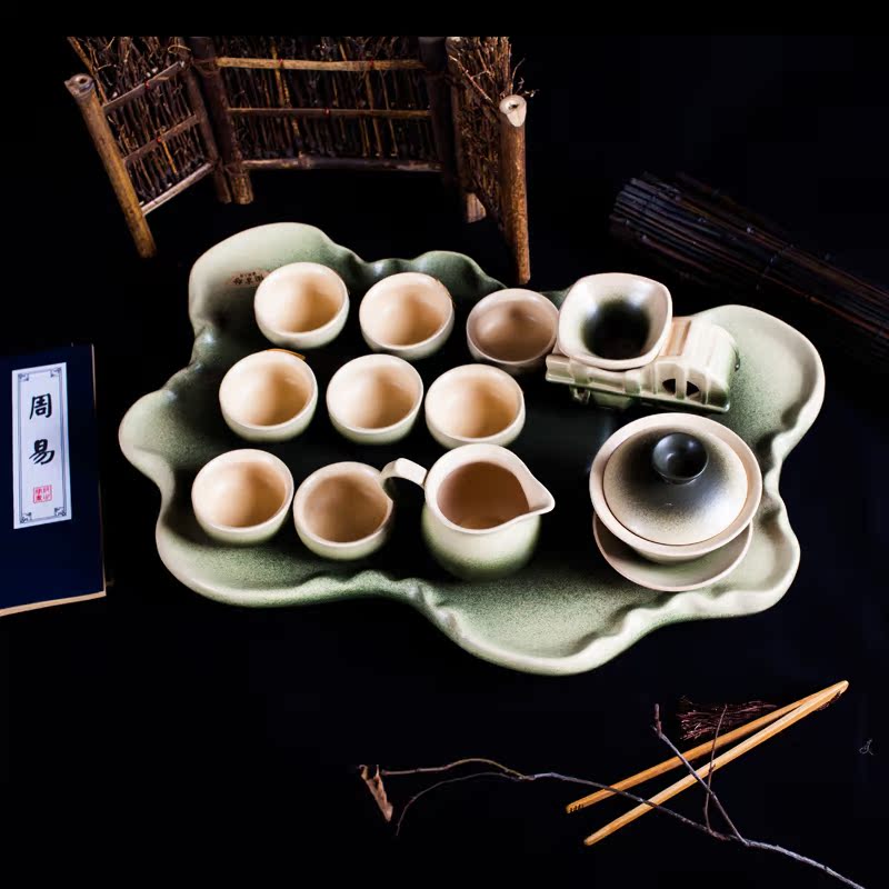 水晶镂空13头蜂窝玲珑功夫茶具整套茶具陶瓷盖碗茶壶杯镂空青花瓷
