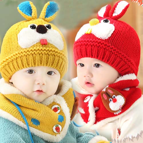 婴儿冬帽男宝宝套装套头帽子女童毛线围巾兔子