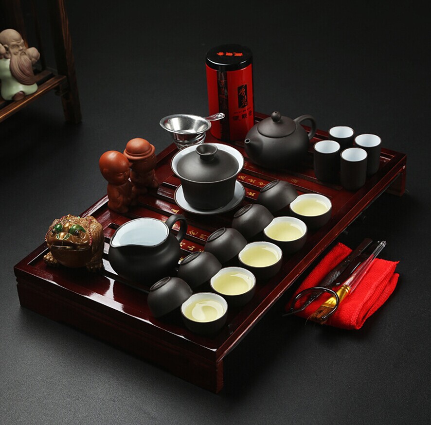 简约喝茶茶具套装四合一家用功夫茶具6人中式陶瓷实木茶盘整套鱼
