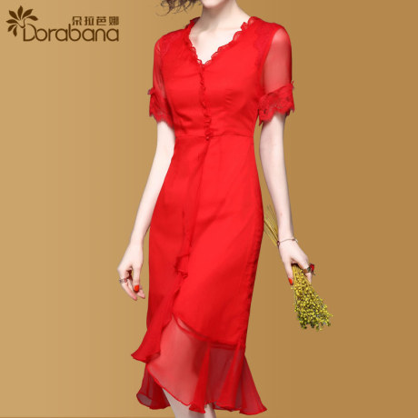 中长款真丝连衣裙女夏2018新款名媛气质修身V领包臀桑蚕丝鱼尾裙商品大图