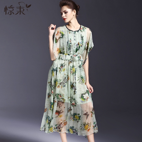 惊束夏裙新款女装印花圆领中长款真丝拼接大码淑女连衣裙气质薄款商品大图