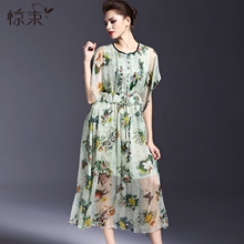 惊束夏裙新款女装印花圆领中长款真丝拼接大码淑女连衣裙气质薄款图片