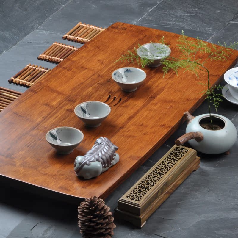 祥福茶盘大号排水式重竹茶海茶托盘竹制茶几单层整块孟竹茶台茶托