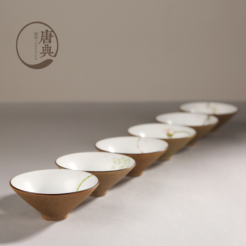 景德镇手绘陶瓷茶杯定窑陶泥品茗杯功夫茶具杯粗陶普洱杯斗笠茶盏