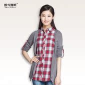 假两件针织开衫 2014秋冬女装新品 格子式衬衫长袖打底修身针织衫