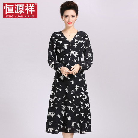 恒源祥女春长裙真丝连衣裙桑蚕丝中长款中老年V领长袖中年妈妈装商品大图