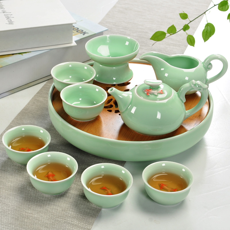 问瓷斋 竹制陶瓷整套茶具套装小茶盘功夫茶具圆形茶海储水干泡台