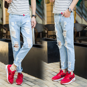 夏天薄款青少年男生九分破洞牛仔裤男潮乞丐裤修身型小脚9分裤子