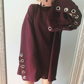 高领加绒加厚袖 子金属圆环套头卫衣女潮 秋冬原宿BF少女宽松中长款