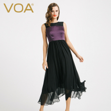 VOA 高雅紫重磅双面缎拼接黑色真丝乔其网纱圆领无袖礼服连衣裙图片