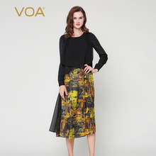 VOA黑色褐色真丝假两件A版端庄长袖飘逸淑女丝绸套裙连衣裙A6312图片