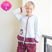 纯棉拼接格子睡衣套装 女士春夏季长袖 大码 家居服夏款 芬腾2016新款