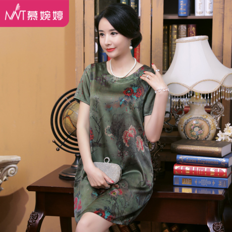 慕婉婷中老年妈妈装真丝连衣裙短袖桑蚕丝加大码女装宽松春夏新款商品大图
