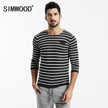 T恤男 卷边修身 秋新款 七分袖 胸口袋亚麻条纹海魂衫 Simwood简木男装