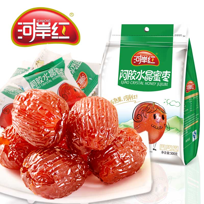 河岸红阿胶水晶蜜枣500g 山东阿娇红枣独立包装 蜜饯零食