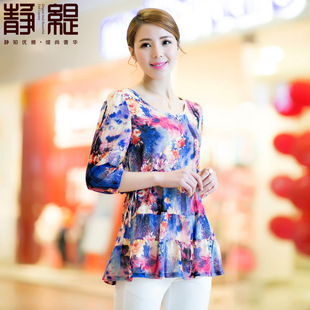 浪漫印花<em>雪纺衫</em>2015春夏<em>新款女装</em>圆领七分袖
