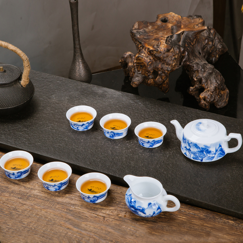 景德镇陶瓷手绘青花瓷茶具套装 家用简易茶杯茶壶公道杯整套礼品