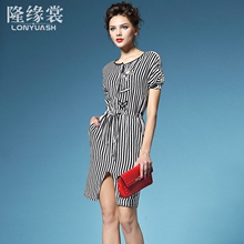 隆缘裳女装夏装2016新款潮休闲撞色条纹蝙蝠袖修身真丝连衣裙8189图片