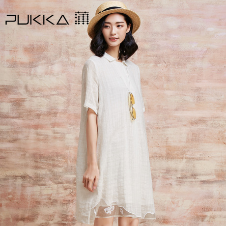 Pukka/蒲牌夏装新款原创设计大码女装拼接真丝绣花棉麻连衣裙商品大图