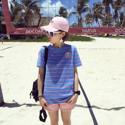 韩版字母印花黄白条纹破洞宽松短袖T恤体恤女