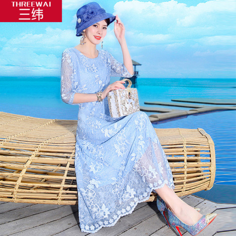 三纬桑蚕丝刺绣度假欧美风显瘦真丝连衣裙2017新款A版大码长裙商品大图