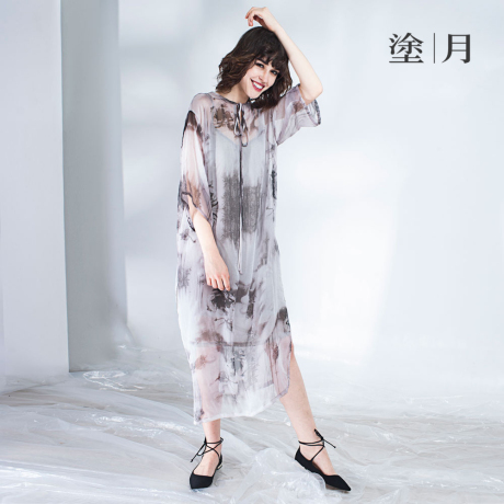 涂月中国风真丝印花连衣裙2017新款中长款两件套女秋气质显瘦长裙商品大图