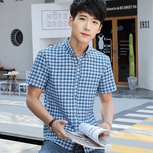 夏季非主流个性格子图案衬衫男短袖韩式修身青