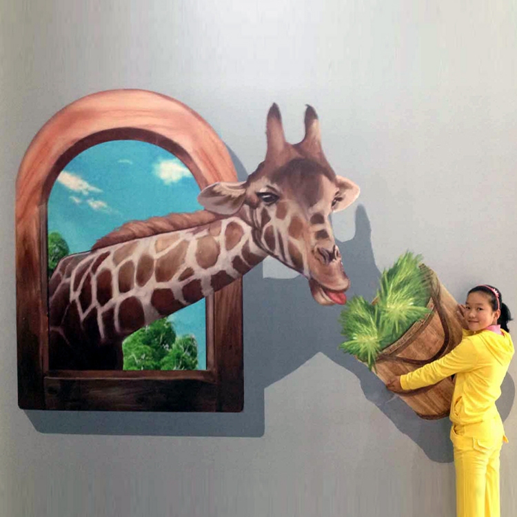 3d画馆画展墙画壁纸墙贴立体三维涂鸦设计定制油画框大象木桶喝水