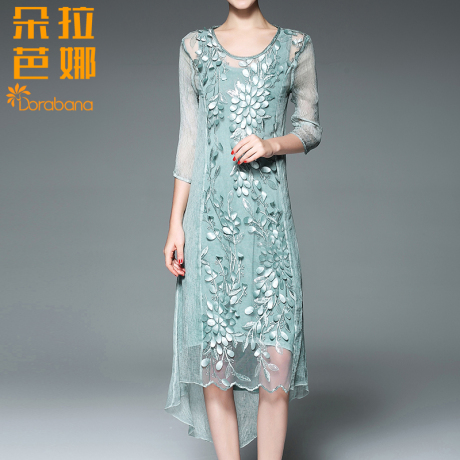 朵拉芭娜真丝连衣裙女春2017新款气质名媛圆领花瓣性感不规则长裙商品大图