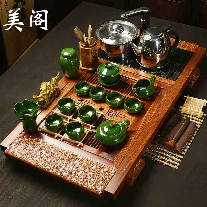 美阁 鸡翅木花梨木茶盘实木功夫紫砂茶具套装 茶台 汝窑冰裂整套