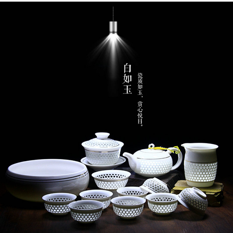 功夫茶具蜂窝青花瓷白金水晶蜂巢玲珑茶具套装镂空超薄盖碗包邮