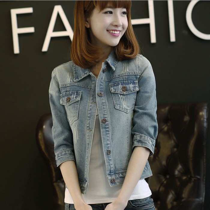 春秋装大码牛仔外套女七分袖短款夹克牛仔上衣