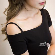 显瘦百搭大码 2017夏性感气质斜肩上衣打底衣修身 露肩T恤女短袖