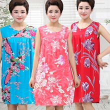 中年老人大码 全棉连衣裙夏季中老年人睡衣女士纯棉绸妈妈睡裙 夏装
