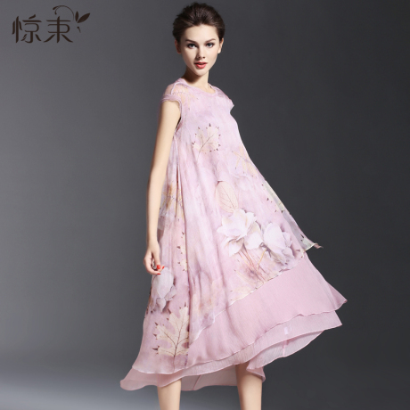 惊束欧美真丝拼接连衣裙 优雅短袖粉色桑蚕丝胖妹妹不规则夏女装商品大图
