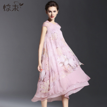 惊束欧美真丝拼接连衣裙 优雅短袖粉色桑蚕丝胖妹妹不规则夏女装图片
