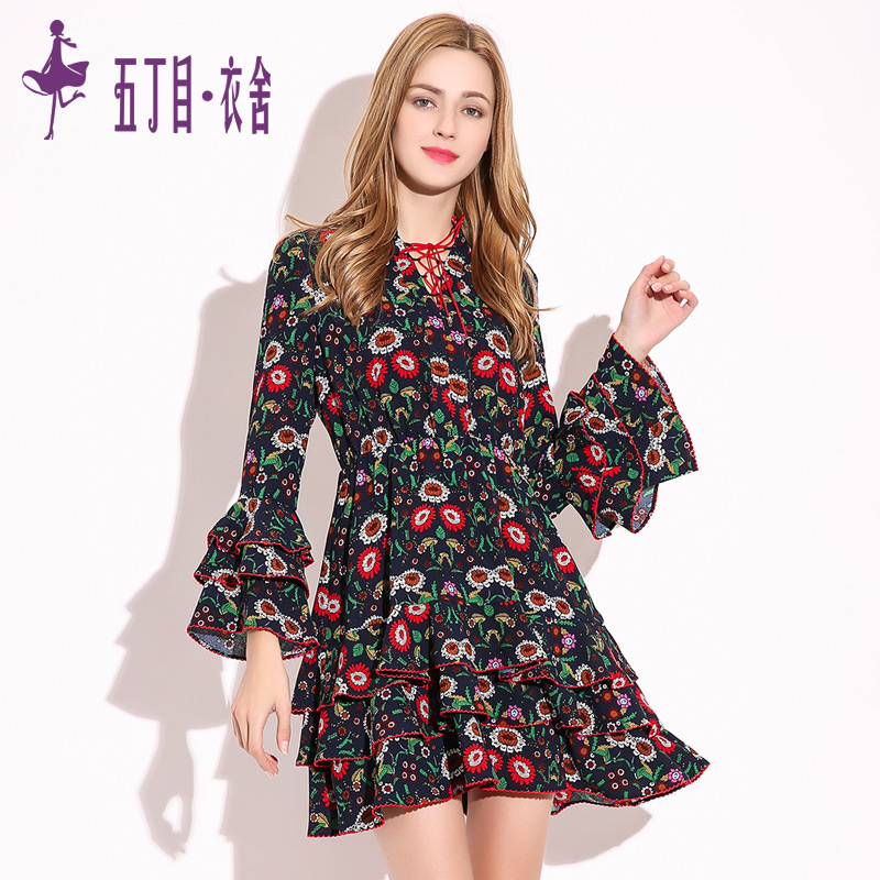 五丁目衣舍秋冬连衣裙长袖修身显瘦印花裙收腰裙打底裙鱼尾裙女装