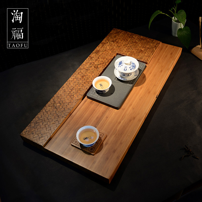 祥福 功夫茶盘 竹制排水式茶台 乌金石茶海 大号石头托盘 觅知音