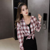 V领格子衬衫 显瘦针织打底背心连衣裙两件套 上衣修身 女装 早春新款