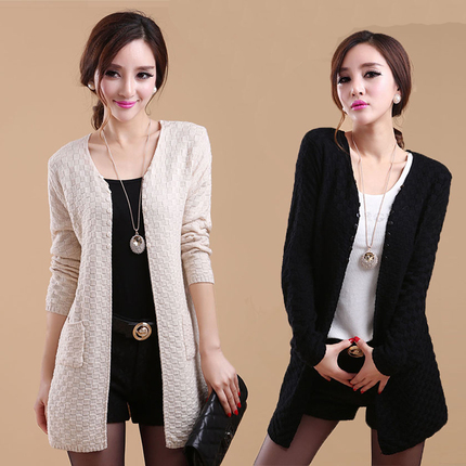 <em>2015</em>女装韩版V领羊绒针织<em>开衫</em> 女士<em>春秋</em>中长