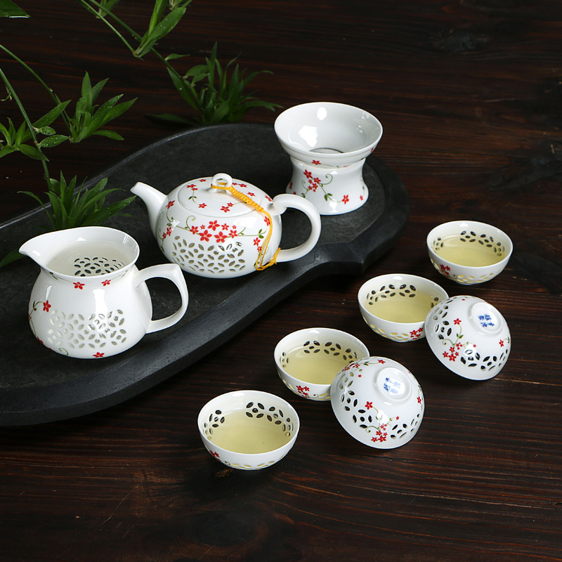 陶瓷功夫茶具镂空茶壶整套功夫茶具玲珑青花陶瓷水晶套装功夫茶具