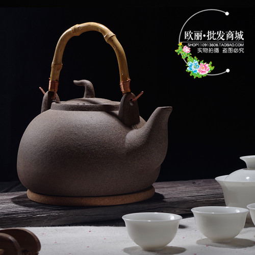 台湾老岩泥煮水茶壶煮茶陶壶电陶炉炭炉烧水壶复古粗陶茶具提梁壶