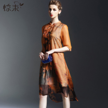 惊束品牌女装真丝拼接印花复古连衣裙夏 五分袖中长款宽松旗袍裙图片
