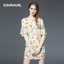 ZIMMUR2016夏季新款女装立领五分袖修身显瘦真丝印花连衣裙中裙图片