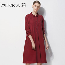 Pukka/蒲牌秋装新款原创设计大码女装绣花铜氨丝长袖连衣裙图片