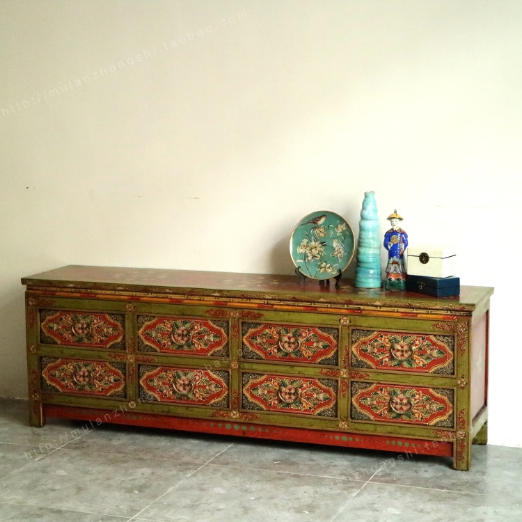 新古典彩绘电视柜 实木西藏式家具仿古做旧地柜客厅柜