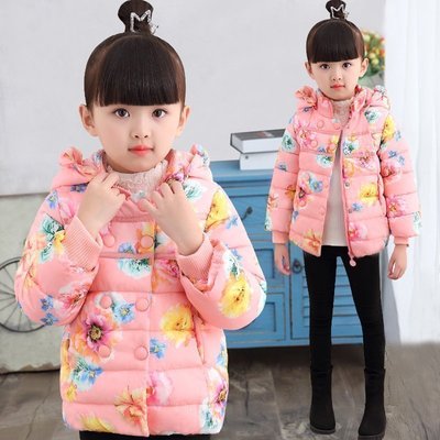 童装女童棉衣外套2冬装新款3碎花连帽4加厚1