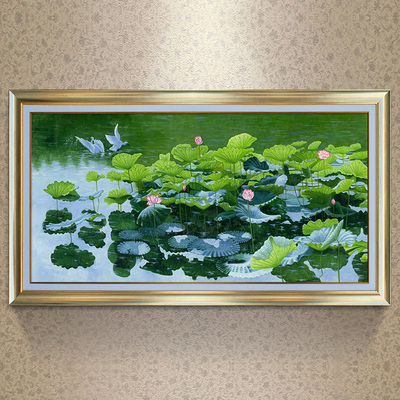 格丽油画写实风景画客厅装饰画大幅壁画中式风格沙发墙挂画荷花池