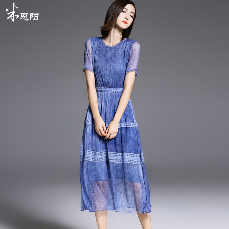 【清仓】米思阳翠穗夏季新款修身短袖圆领蓬蓬仙裙真丝连衣裙女商品大图