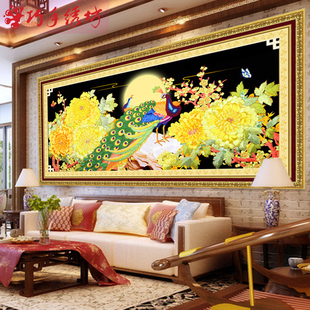 正品巧手丝带绣客厅大挂画 古典中国风喜庆系列 牡丹花开富贵孔雀